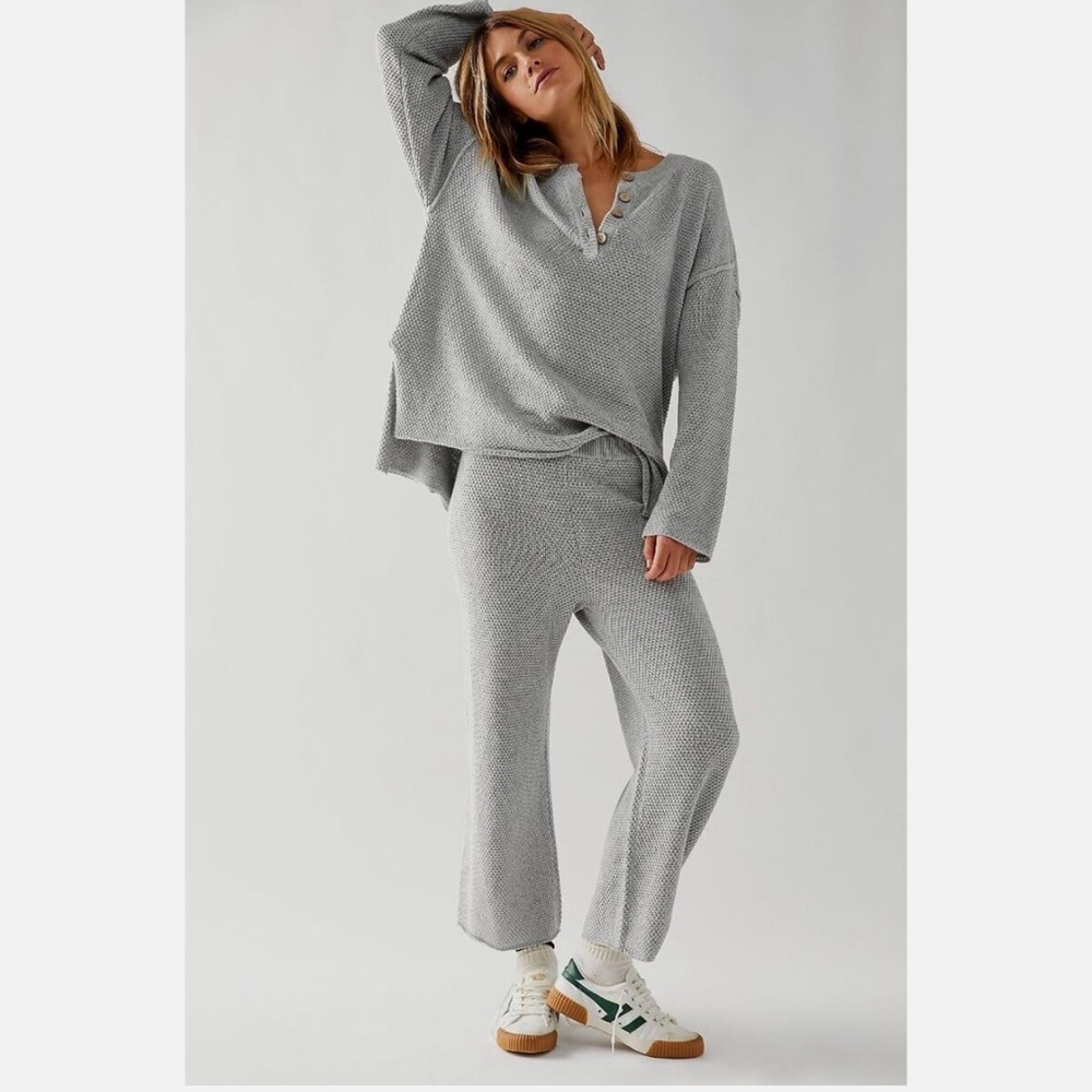 Free People Light Gray Knit Henley Sweater